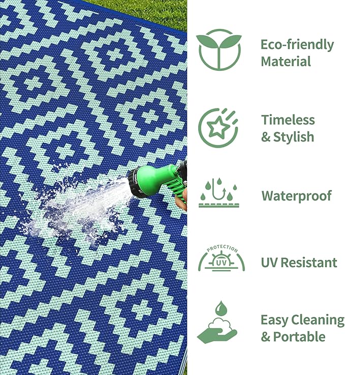 GENIMO Outdoor Rug for Patio Clearance, 6'x9' Waterproof Camping Mat, Reversible Plastic Straw Rugs for RV, Camper, Balcony, Backyard, Picnic, Deck (Royal Blue & Blue Green)