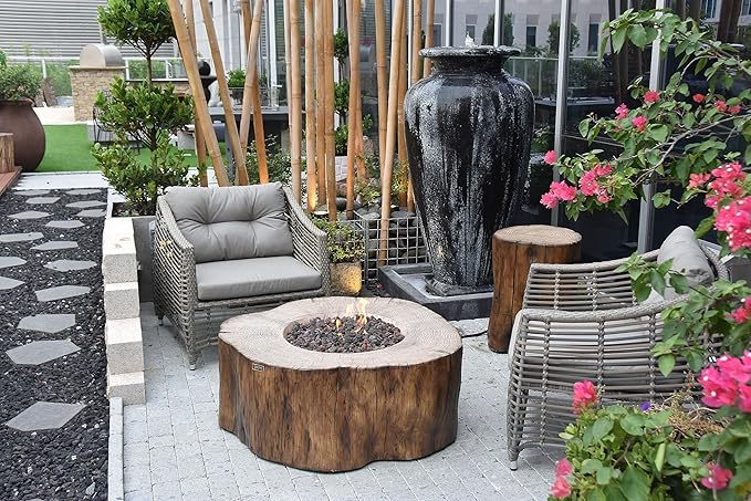 Elementi | Manchester Gas Fire Pit Cast Concrete Semi-Round Fire Table, Outdoor Fire Pit Electronic Ignition | Canvas Cover, Lava Rock Included | Red Wood | Natural Gas