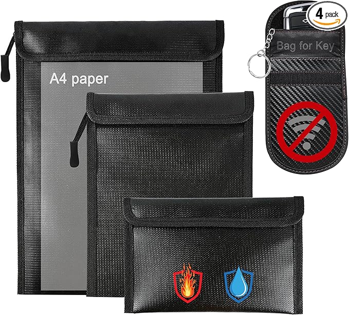 4 Pack Waterproof Fireproof Money Document Bags with a Faraday bag for car keys Fob Protector, Resistant Storage Organizer Pouch for Cash Documents, Secure Protection for Valuables