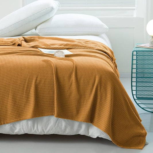 AmyHomie Cooling Waffle Blanket King Size, 100% Rayon Derived from Bamboo, Cool Summer Blanket for Hot Sleepers Soft Comfy Lightweight Blankets for All Seasons (Orange Yellow, 108×90in)