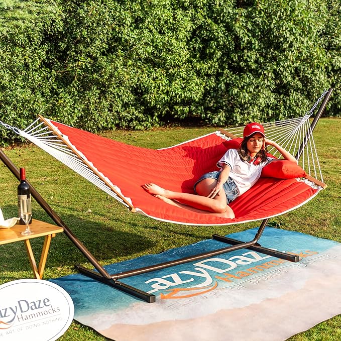 Lazy Daze Quilted Fabric Hammock with 12-Foot Stand, Double 2-Person Hammock with Pillow for Outdoor Outside Patio, Garden, Backyard, 450LB Capacity, Red