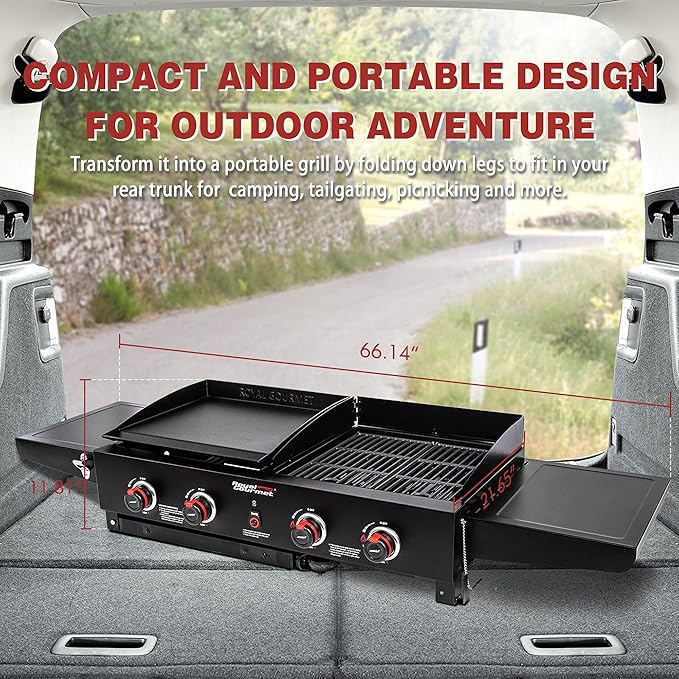 Royal Gourmet GD402 4-Burner Propane Gas Grill and Griddle Combo with Foldable Legs, 48,000 BTUs, Portable Griddle Grill Combo for Outdoor Cooking While Camping or Tailgating, Black