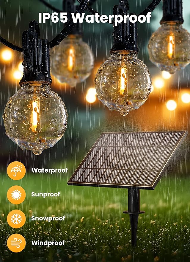 Brightown 108FT Solar String Lights Outdoor with Remote and 52 LED Shatterproof Bulbs, Dimmable & Timable, 3 Light Modes, Solar Patio String Lights Outdoor for Cafe, Garden, Deck, Outside Wedding