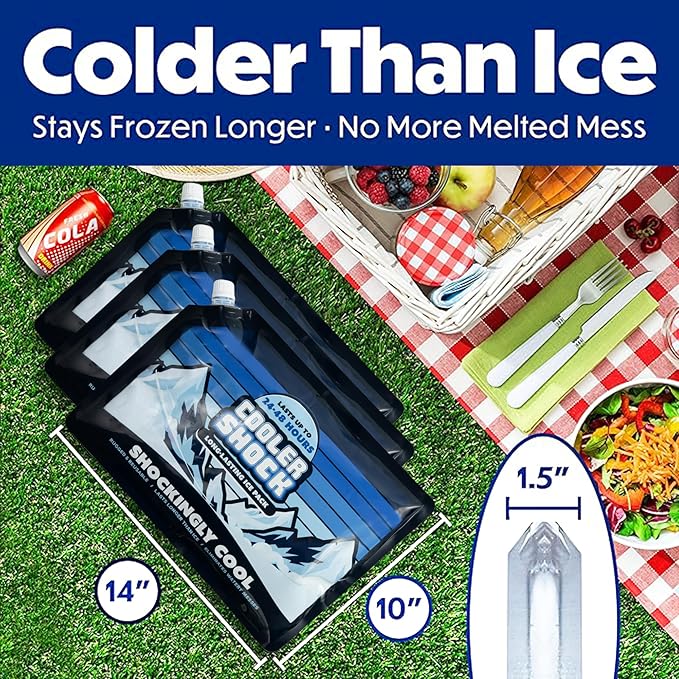 Cooler Shock Reusable Ice Packs for Cooler - Long Lasting Cold Freezer Packs for Coolers and Lunch Boxes - Cooler Ice Packs for Camping Gear, Fishing, Road Trips, Beach Must Haves