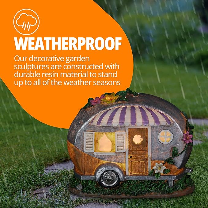 Exhart Garden Sculpture, Solar Camping Trailer with Lavender Awning Garden Statue, LED Lights, Outdoor Garden Decoration, 5 x 9 x 6 Inch