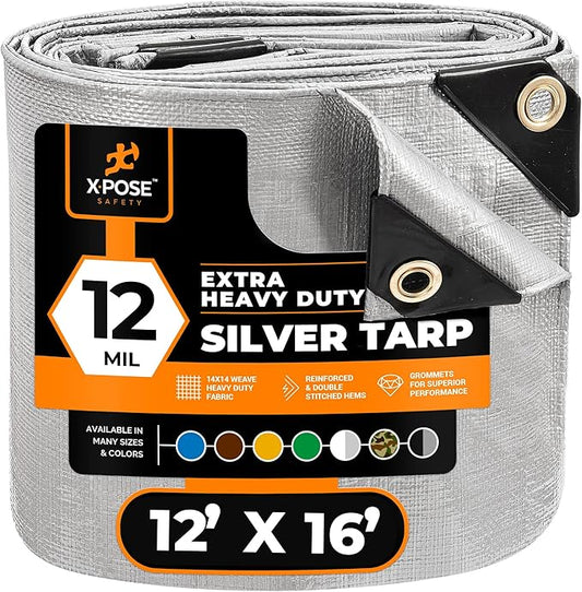 Heavy Duty Silver Poly Tarp 12' X 16' - Multipurpose Protective Cover - Durable, Waterproof, Weather Proof, Rip and Tear Resistant - Extra Thick 12 Mil Polyethylene - by Xpose Safety