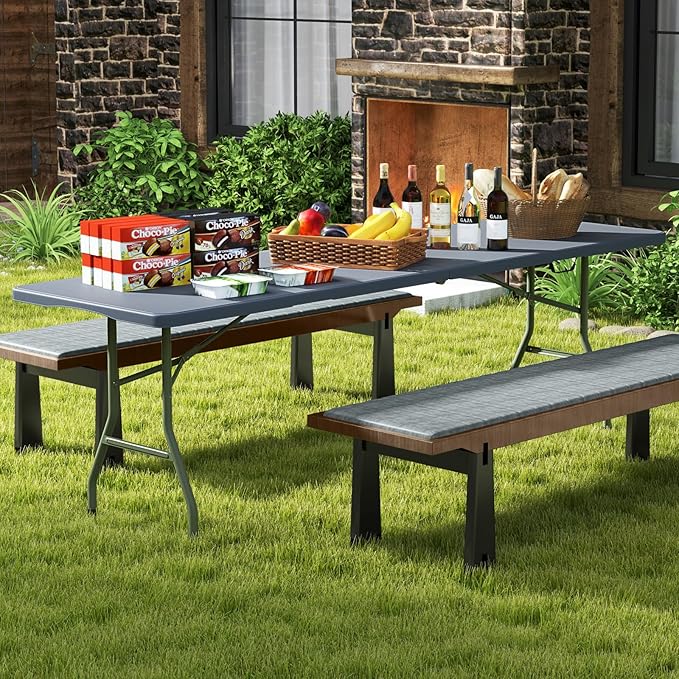 Goplus 8ft Plastic Folding Table, 350 LBS Outdoor Heavy Duty Folding Tables with HDPE Tabletop, Handle, Lock, Foldable Rectangle Portable Utility Card Table for Picnic, Party, Camping, Dining