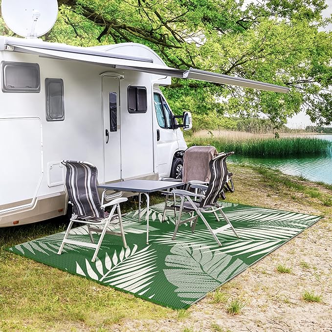 GENIMO Outdoor Rug 9' x 12' Waterproof for Patios Clearance, Reversible Outdoor Plastic Straw Camping Rug Carpet, Large Area Rugs Mats for RV, Picnic, Backyard, Deck, Balcony, Porch, Dark Green&White