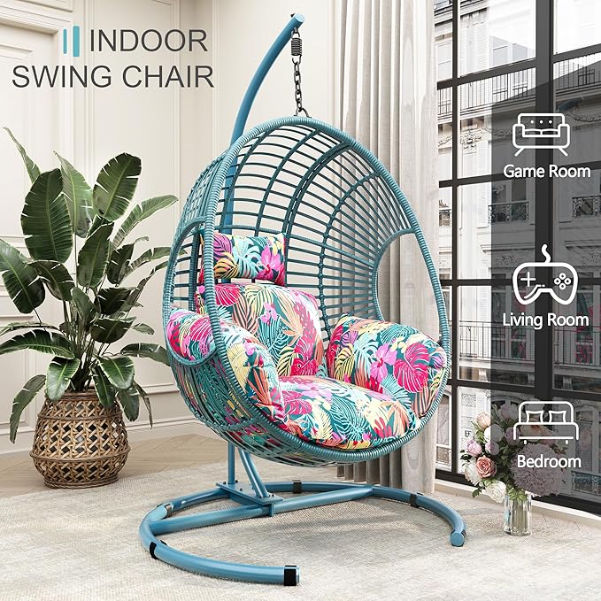 Oversized Hanging Egg Chair Outdoor Indoor, Wicker Swing Egg Chair with Stand 400lbs Capacity for Bedroom, Patio, Garden and Balcony (Hawaii Blue-Regular, Oversize)