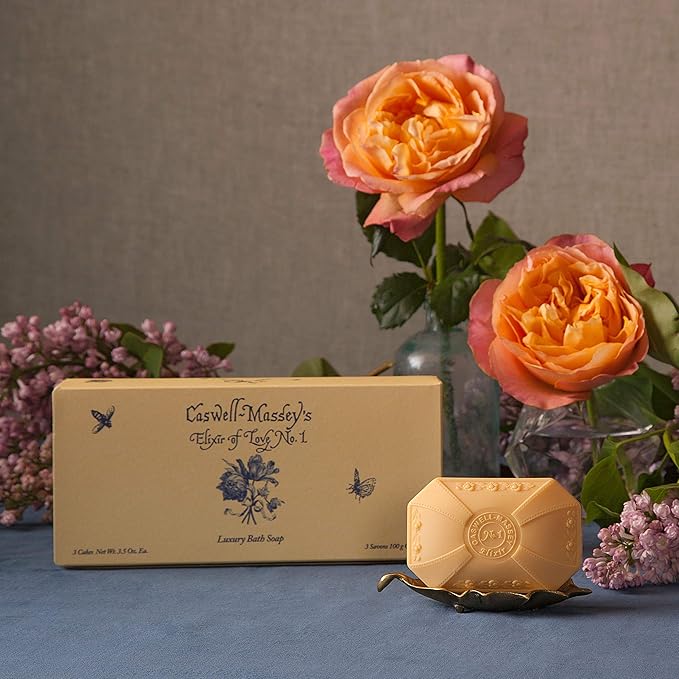 Caswell-Massey Natural Bar Soap Gift Set - Elixir of Love Scent - Romantic Triple-Milled Moisturizing Body Soap Bars for Women, Plant-Based Formula for Soft Skin, Made in USA, 3 x 3.5 oz