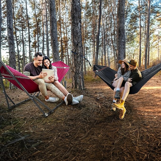 Tranquillo Combo x2 Hammocks with Stand for Outside & Tree Straps, Heavy Duty Hammock with Stand 600lbs for Indoor Outdoor Patio Backyard, x2 Hammocks for 2 Person, Portable Carrying Bags, Red