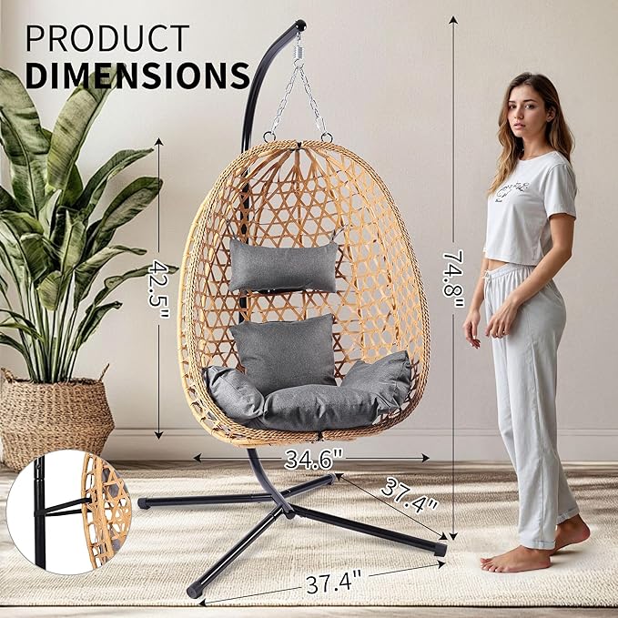 Egg Chair with Stand, Patio Wicker Hanging Chair, Hammock Swing Chair, 350LBS Capacity for Bedroom, Balcony, Garden (YE-GR)