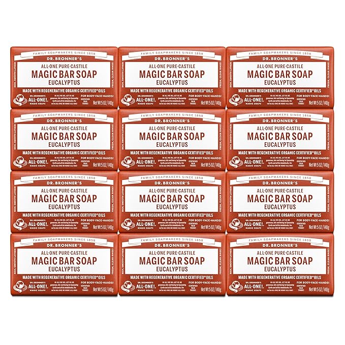 Dr. Bronner's Pure-Castile Magic Bar Soaps (Eucalyptus, 5oz, 12-Pack) – Made with RegeOrganic Oils, Soap Bars for Men & Women, Gentle for Face & Sensitive Skin, Vegan, Cruelty-Free, Non-GMO