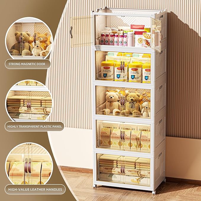 520 QT / 130 Gal Stackable Collapsible Storage Bins with Magnetic Doors & Wheels - Space-Saving Plastic Organizer Cabinet for Closet, Office, Home (White)