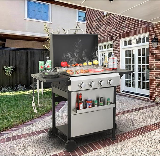4-Burner Portable Propane Gas Grill with Stainless Steel Plancha Griddle - 49200 BTU Outdoor BBQ Grill with Foldable Side Shelves, Enamel Cooking Grids & Tool Hanging Basket