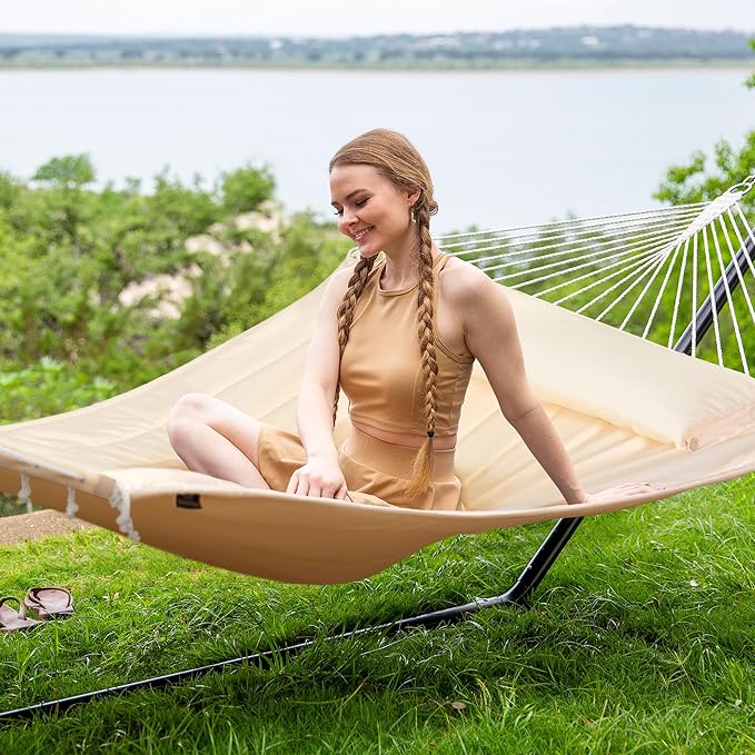 SUNCREAT Hammocks Extra Large Double Hammock with 12 ft Stand, 475lbs Capacity, Outdoor Portable Hammock with Hardwood Spreader Bar, Extra Large Pillow, Beige