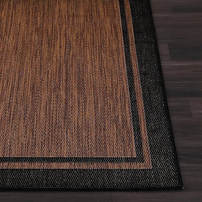 CAMILSON Indoor Outdoor Rug, 6x9 Bordered Nut Brown Black Modern Area Rugs for Indoor and Outdoor Patios, Kitchen and Hallway Mats, Washable Porch Deck Outside Carpet (Bordered Nut Brown Black, 6 x 9)
