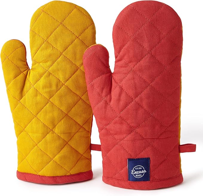 Encasa XO Heat Resistant Cotton Oven Gloves Mitts (2 Pc Set) - Quilted & Safe 12x7 in - for Kitchen, Cooking & Baking, Grilling, Handling Hot Pots & Pans - Mango