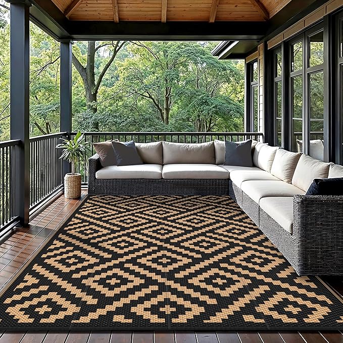 GENIMO 5x8 Outdoor Rug Waterproof, Reversible Mats, Area Rug, Plastic Outside Carpet, Geometric Rv Mat for Patio Camping Rv Picnic Backyard Deck Balcony Porch Beach Trailer (Black & Brown)