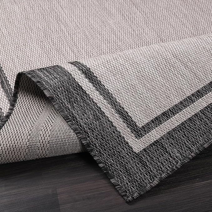 CAMILSON Indoor Outdoor Rug, 8x10 Bordered Gray Modern Area Rugs for Indoor and Outdoor Patios, Kitchen and Hallway Mats, Washable Porch Deck Outside Carpet (Bordered Grey, 8 x 10)