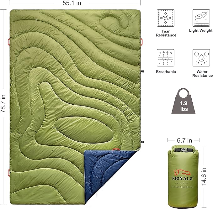 Camping Blanket | X-Large, Wind and Waterproof Warm Puffy Blanket Quilt | Lightweight Portable | Outdoor Concerts, Picnics, Backpacking, Travel, Hiking, Beach, Stadium (Garnish Green)