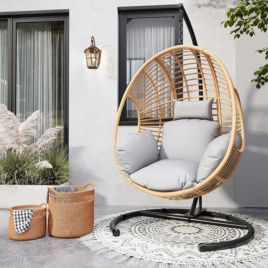 Oversized Hanging Egg Chair Outdoor Indoor, Wicker Swing Egg Chair with Stand 400lbs Capacity for Bedroom, Patio, Garden and Balcony (Beige-Regular, Oversize)
