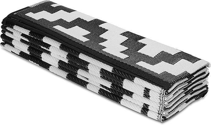 FH Home Outdoor Camping Rug - Waterproof, Fade Resistant, Reversible - Premium Recycled Plastic - Geometric - Large Patio, Deck, Sunroom, RV - Aztec - Black & White - 9 x 18 ft Foldable