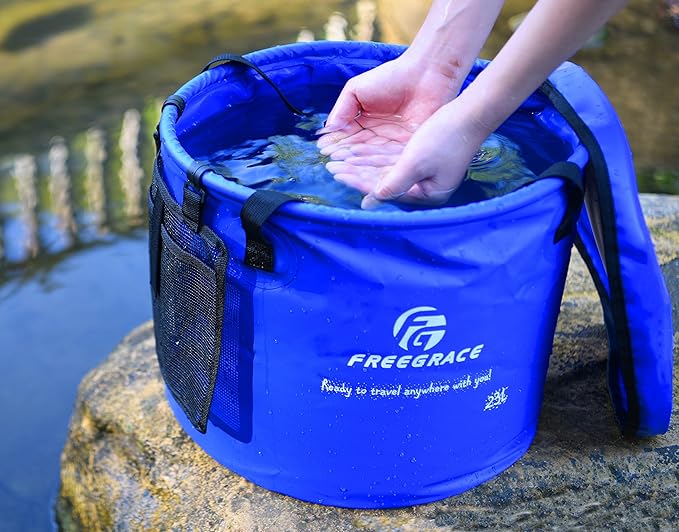 Premium Collapsible Bucket by Freegrace - Compact Portable Folding Water Container - Lightweight & Durable - Includes Handy Tool Mesh Pocket