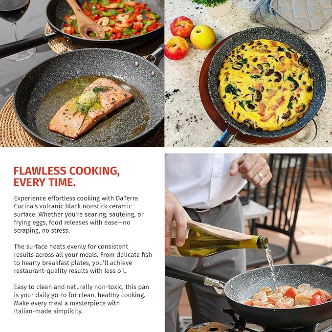 DaTerra Cucina Nonstick Pan Bundle – 9.5" & 11" Ceramic Cooking Pans Nonstick w/Lid - Oven Proof Frying Pan - Induction, Gas, & Electric Cooktops Friendly – Volcanic Black Speckled – Made in Italy