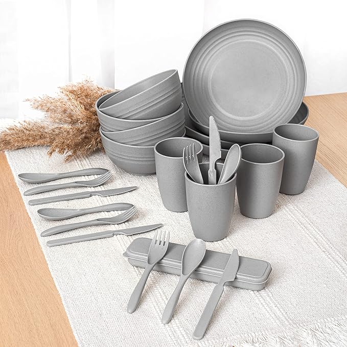 FOODLE Wheat Straw Dinnerware Set - BPA Free & Safety Tested - Microwave & Dishwasher Safe - Perfect for Picnic, Dorm, RV Dishes - Camping Plates Cups and Bowls Set - Great for Kids & Adults - For 4