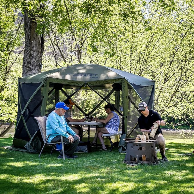 CLAM Pop Up Screen Tent, Outdoor Camping Gazebo Canopy, Pavilion, 12.5', Green - Heavy-Duty Portable Screened Shelter with Netting for Beach, Patio, and Backyard