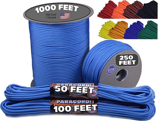 BORED? PARACORD! 550 lb Paracord - Ideal for Crafting, Camping, DIY Projects, Active & Military Outdoors - Strong Survival Rope - Tactical Parachute Cord Type III - Tarheel Blue 1000 Feet