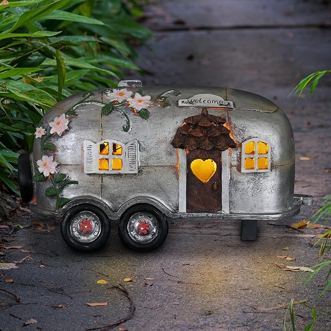 Exhart Garden Sculpture, Solar Vintage Camping Trailer Garden Statue, LED Lights, Outdoor Garden Decoration, 5 x 10 x 6 Inch