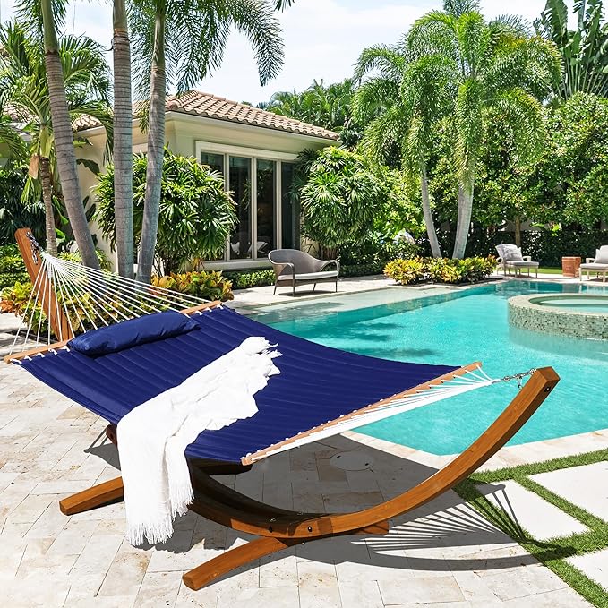Lazy Daze Hammocks 12 FT Double Quilted Fabric Hammock and 13 FT Brown Wooden Arc Stand, with Spreader Bar, Removable Pillow, 2 Person Hammock for Outdoor Patio Poolside, 450 lb Capacity, Navy Blue