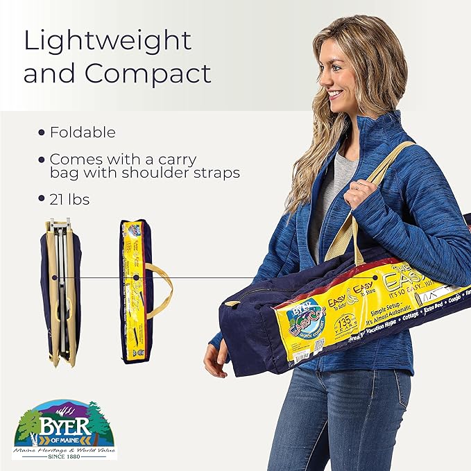 BYER OF MAINE Easy Cot - Extra Large Folding Cot - Heavy Duty for Indoor and Outdoor Use - Bed for Adults - 78”L X 31”W X 18”H - 330 lb Capacity