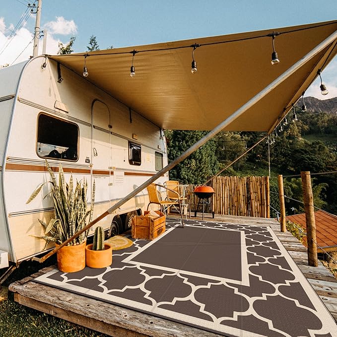 GENIMO 10 ' x 14 ' Outdoor Rug Waterproof for Patio Decor, Foldable Reversible Plastic Straw Area Rugs Mat for Camper, Outside Carpet for Rv, Deck, Porch, Picnic, Beach, Balcony, Coffee & Beige