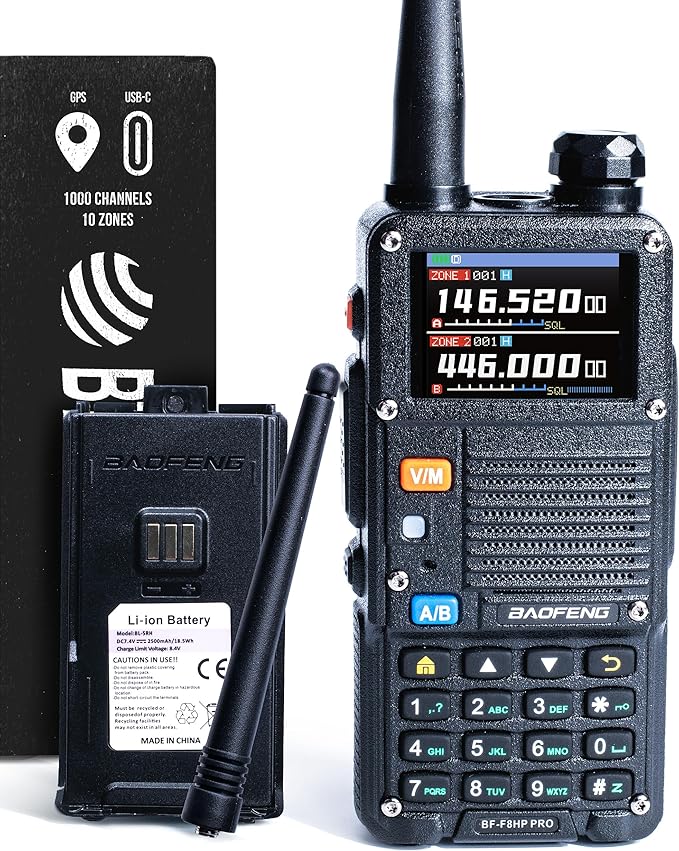 BAOFENG BF-F8HP PRO 10 W Tri-Band Two-Way Radio – UV-5R 7th Gen, 1000 Channels, GPS & NOAA Weather, Aviation/VHF/UHF/1.25 m Scanner, IP54 Rugged, USB-C Rechargeable Battery