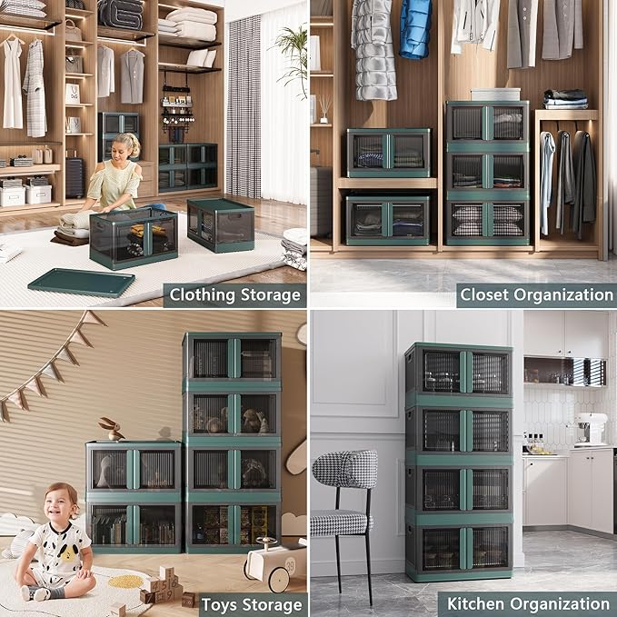 19Gal Collapsible Storage Bins with Lids & Wheels - 4 Pack Stackable with Doors, Heavy-Duty Plastic Containers for Home/Office, Green