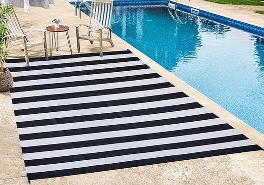 FH Home Outdoor Rug - Waterproof, Fade Resistant, Reversible - Premium Recycled Plastic - Striped - Large Patio, Deck, Sunroom, Camping, RV - Brittany Stripe - Black & White Crease Free - 6 x 9 ft