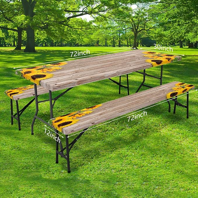 3 Pcs Sunflower Wooden Picnic Table Cover with Bench Covers,30X60 Inch Rustic Sunflower Waterproof Fitted Picnic Table Cloths Wood Texture Elastic Outdoor Picnic Tablecloth for Camping Patio Travel,2