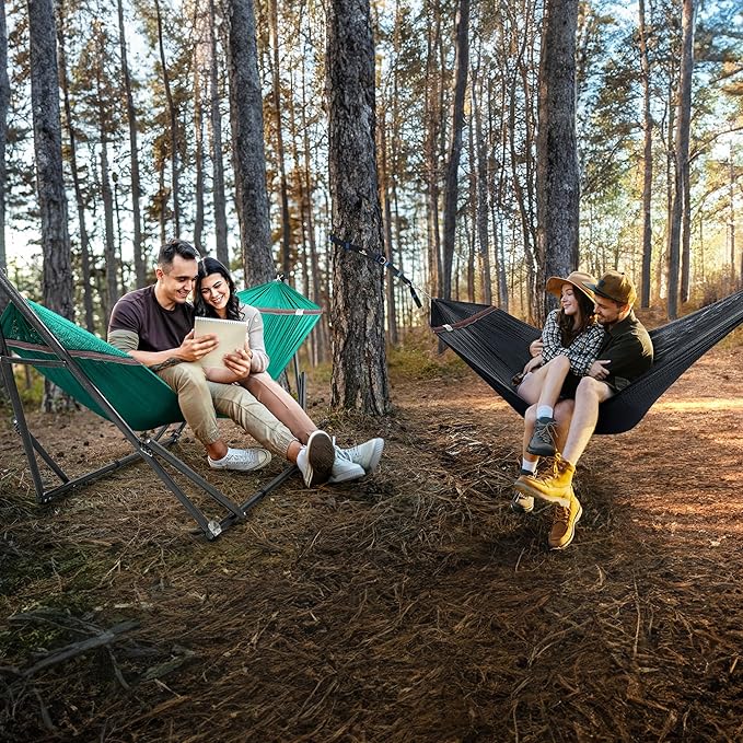 Tranquillo Combo x2 Hammocks with Stand for Outside & Tree Straps, Heavy Duty Hammock with Stand 600lbs for Indoor Outdoor Patio Backyard, x2 Hammocks for 2 Person, Portable Carrying Bags, Peacock