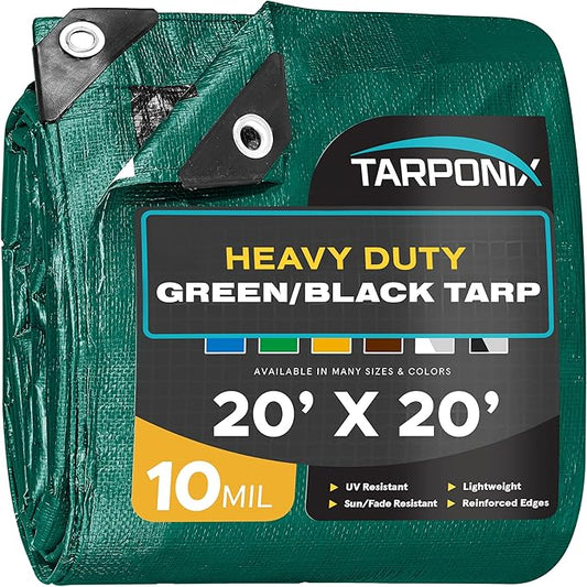 20' x 20' Dual-Sided Heavy-Duty Tarp – 10 Mil Tear-Resistant Green & Black Cover with Reinforced Edges and Anti-Rust Grommets