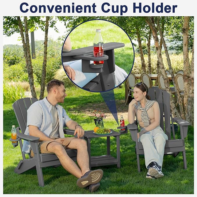 Folding Adirondack Chair, SGS Tested, Wooden Textured with Cup Holder, Heavy All-Weather HDPE Comfortable Set Poolside Backyard Lawn Grey Set 2