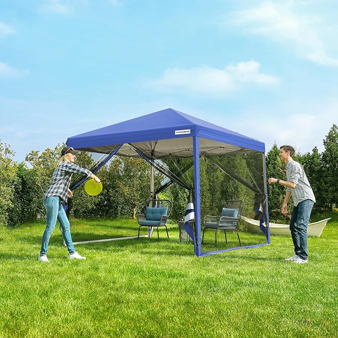 VIVOHOME 8x8ft Easy Pop-Up Canopy, Outdoor Screen Tent with Mosquito Netting, 2 Zipper Doors, and Roller Bag for Yard Camping Picnic Party Events, Blue