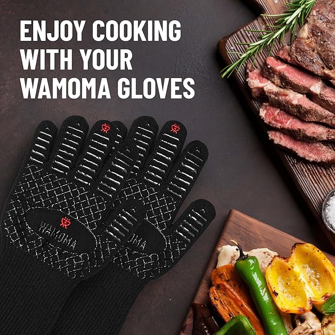 Long Heat Resistant BBQ Gloves - 1472°F Heat Proof Internal Cotton Lining, Non-Slip Silicone Grilling Gloves for Meat Handling, Barbeque, Cooking, XL Oven Gloves with Long Sleeve