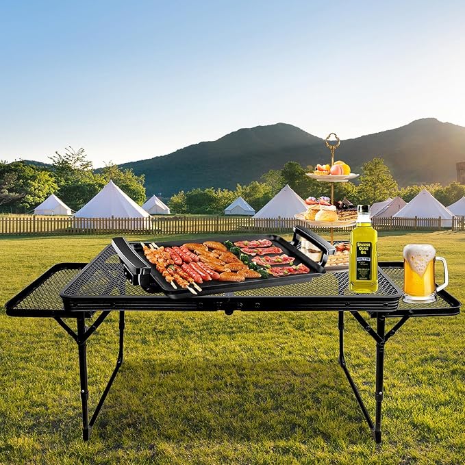 BRIAN & DANY Folding Grill Table Camping Table, Metal Portable Picnic Table, Lightweight Height Adjustable Foldable Table for Outdoor, Black, 40.16"x15.7"x11.8/14.9"