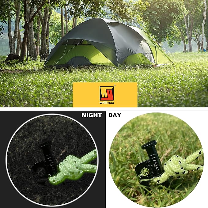Wellmax 10PC Heavy Duty Tent Stakes with 2PC Glow in Dark Rope 3/16" x50ft and 1/4" x50ft (Black)