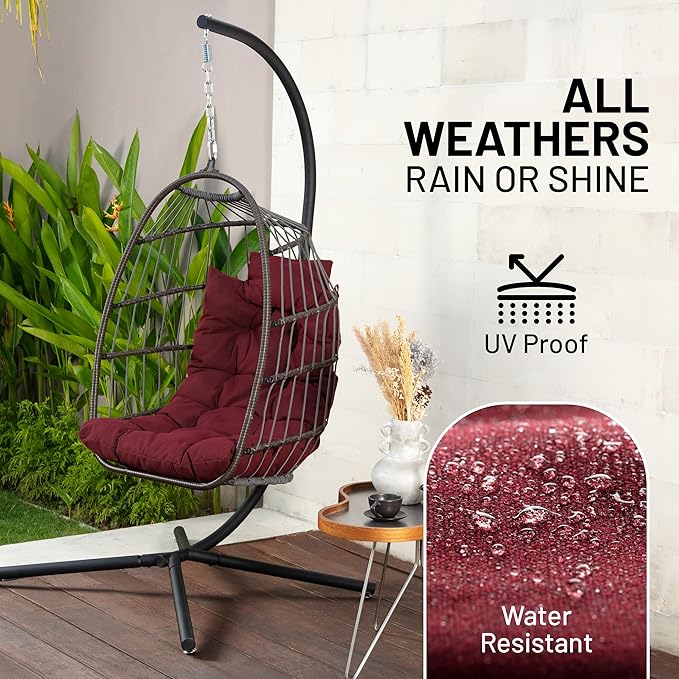 SereneLife Foldable Egg Chair with Stand – Hanging Rattan Wicker Swing for Indoor Outdoor Use – 350 lbs Capacity, Breathable Cushion & Headrest – Patio, Balcony, Porch, Bedroom Lounge Furniture