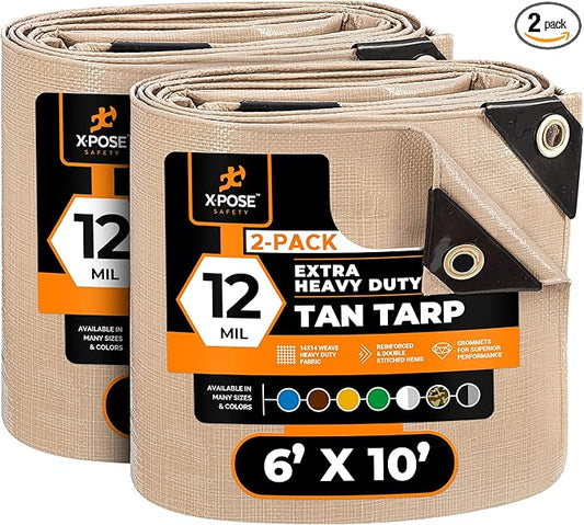 Heavy Duty Tan Poly Tarp 6' X 10' (2-Pack) - Multipurpose Protective Cover - Durable, Waterproof, Weather Proof, Rip and Tear Resistant - Extra Thick 12 Mil Polyethylene - by Xpose Safety