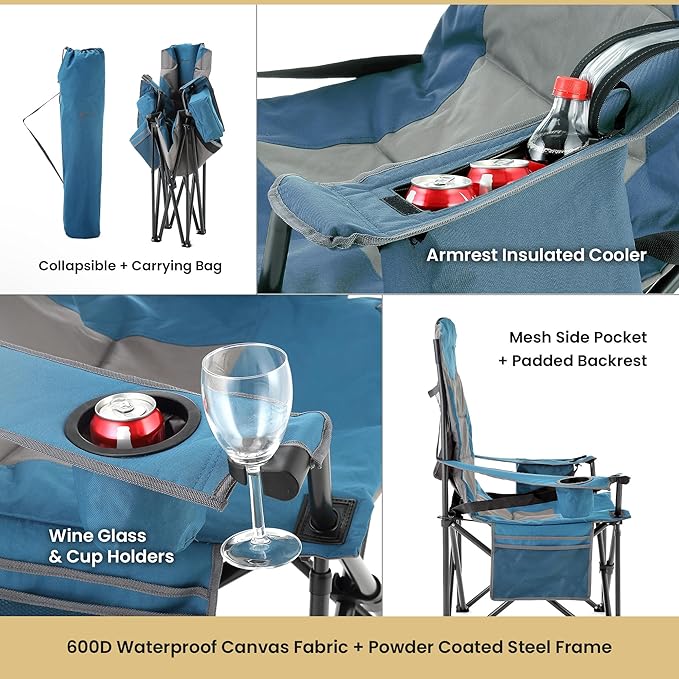 ARROWHEAD OUTDOOR XXL Folding Padded Camping Chair w/Cup & Wine Holder, Armrest Cooler, Support up to 600 lbs, Blue